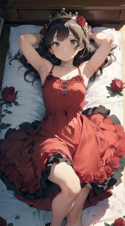 (Best image quality, masterpiece:1.2), (Ultra high definition illustration), (Browsing Caution:1.3), (very cute little queen, 15 years:1.3), (1 Girl:1.2), alone, (Shoot from very low:1.3) ,(Condescending look:1.3) Browsing Caution, No sleeve, Underarm, Put your arms behind your head, Embarrassing, close your eyes, (No sleeve gorgeous queen red dress with roses:1.3), Lying on the bed, Queen's Crown, Showing her dirty panties, whole body, Round baby face, (Glasses, Blonde short cut), (White thigh-high pantyhose:1.2), (Wicked Smile, Mean face, Mesgaquismiles), Luxurious palace room, Fancy Room, RPG Royale, (Wide-spread legs:1.3),
