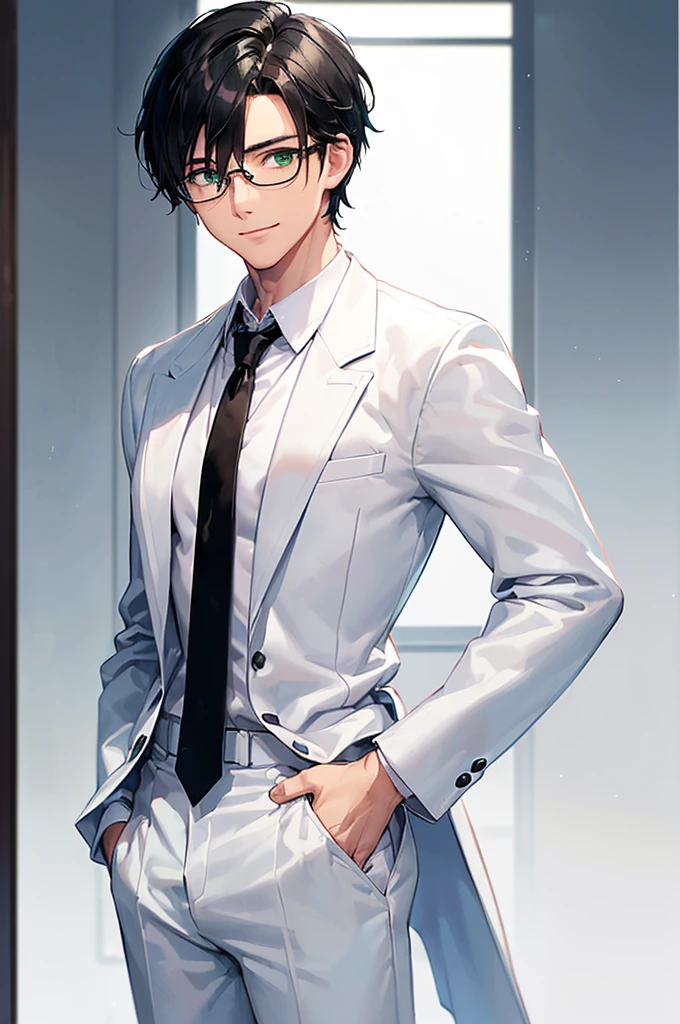 (masterpiece; best quality: 1.2), (finely detailed eyes: 1.3), ((25 year old man)), ((solo)), (green eyes: 1.4), (body; lean, toned, masculine: 1.3), (very short black hair: 1.3), (beautiful and clear background: 1.2), ((depth of field)), (equipment: white open labcoat + black shirt + white necktie + white pants + black square glasses: 1.3), (anime illustration: 1.2), (background composition; japanese highschool classroom + furniture: 1.1), (extremely fine and handsome: 1.1), (shot composition; standing + centered on torso + close-up: 1.5), (expression; calm, smile: 1.2)