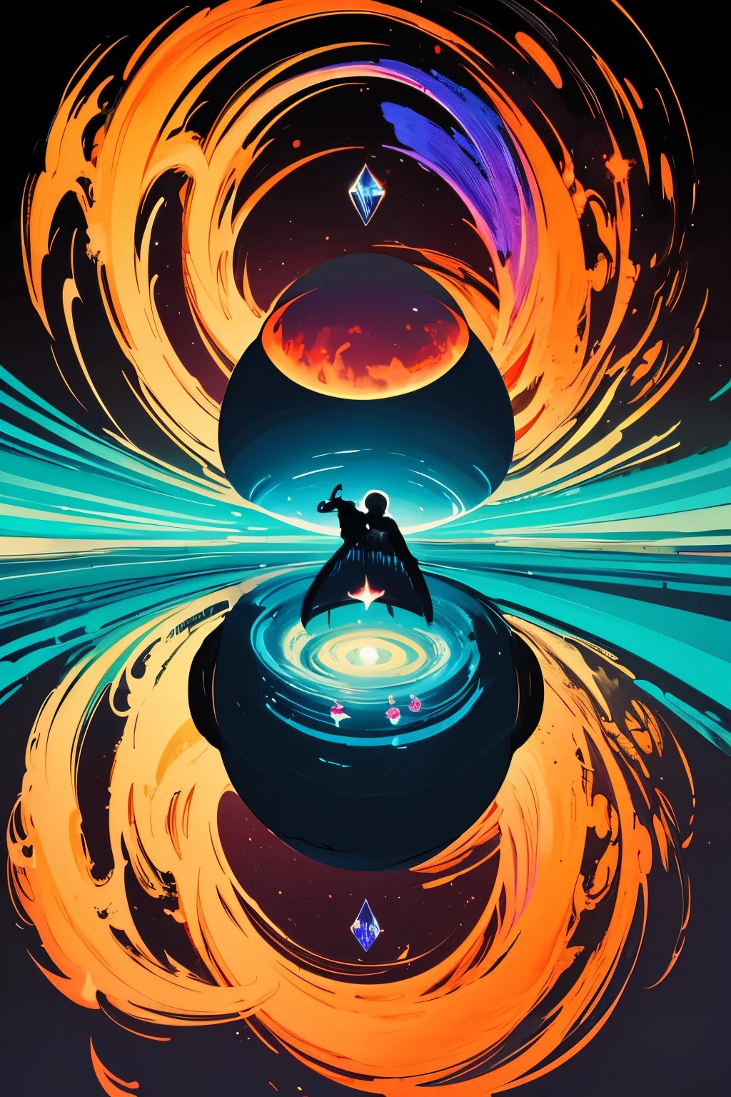 Gigantic Dimensional Portal, similar to black holes but formed in a multicolored way, intricate, realism, art in the style of François Baranger. Alignment, cosmos, Cosmicism evident in the images.