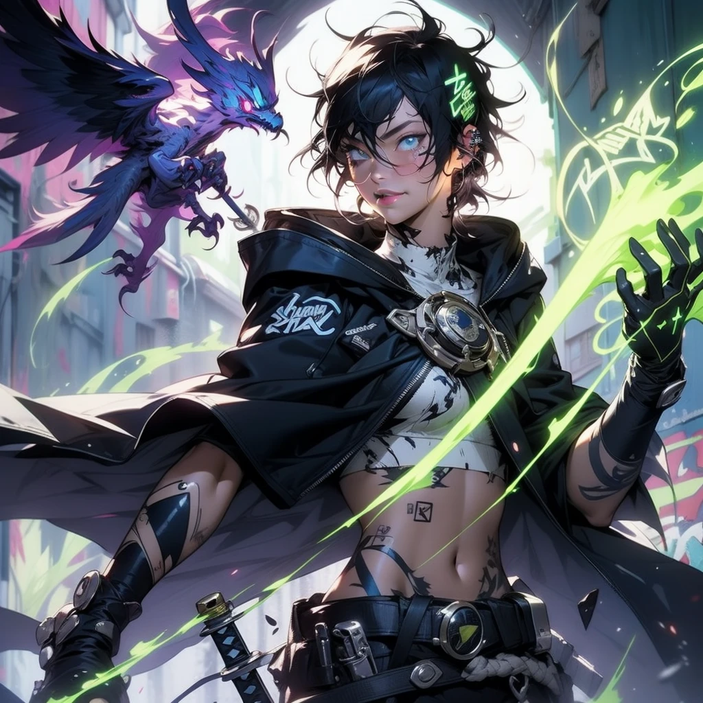 Ultra HD, anime realistic. Badass South Asian teen girl with short, windblown black hair and piercing electric blue eyes. Smirking confidently, she leans against a graffiti-covered wall in a neon-lit cyberpunk alleyway. Clad in a black tactical outfit with exposed arm guards, she grips a glowing katana at her side.