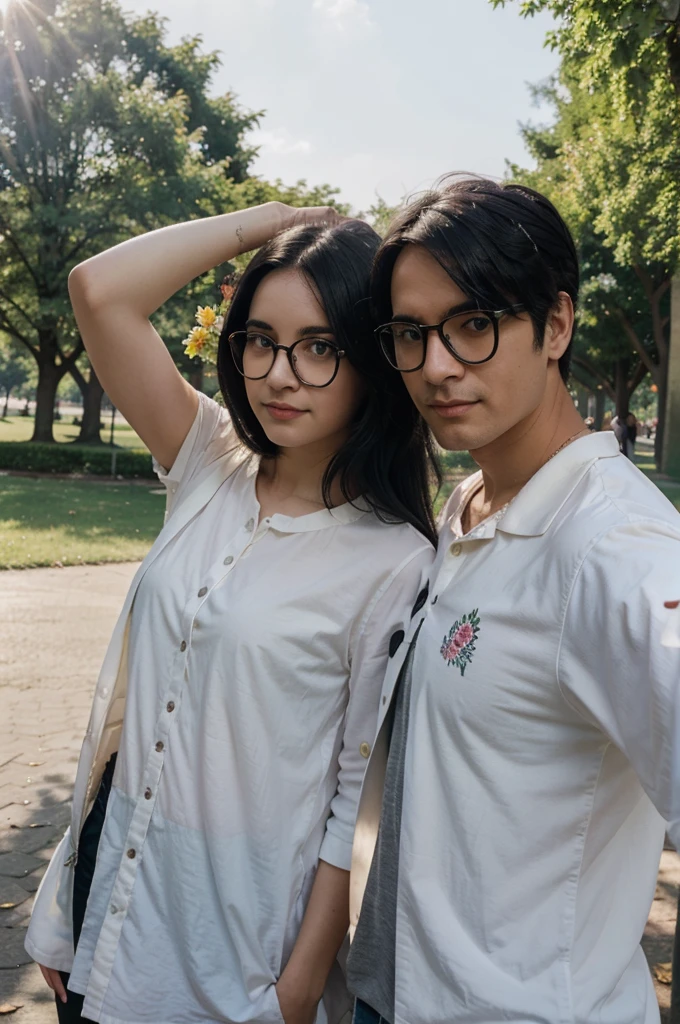 2 white hair girls, 1 man with black hair, wearing glasses, pose selfie, Park, flower, morning, sun