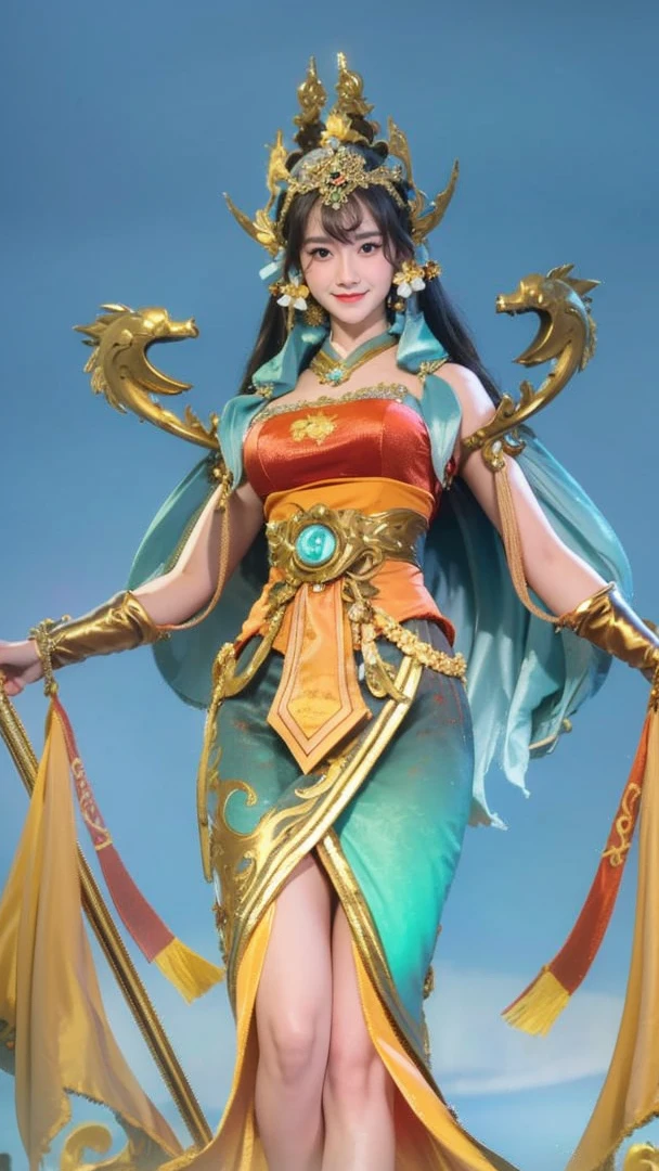 (8K, highest quality, masterpiece: 1.3), (realistic, photorealistic: 1.4), ultra high definition, (ao dai), (red clothes), (japanese female), (high-definition cute face), (large breasts), brown hair, ponytail hair, professional lighting, (closed mouth: 1.2), blush, smile