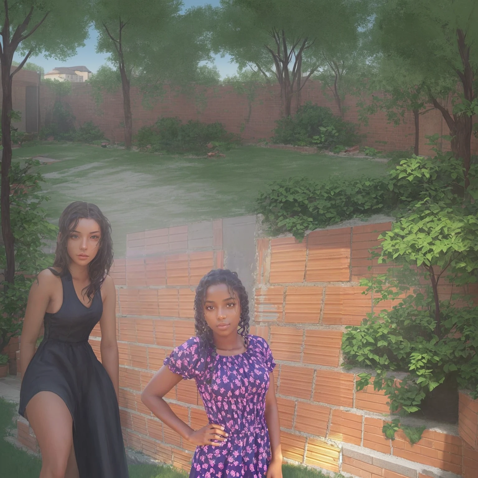 Afternoon in the sun, backyard with brick wall, ground with lawn and some trees.