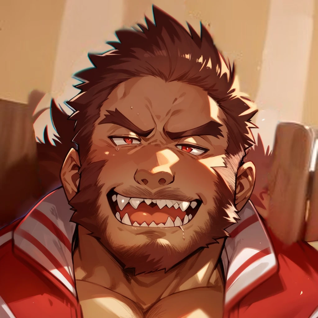 fcNeg, zPDXLxxx, zoroj, beard, facial hair, werewolf, tail, red varsity jacket, source_anime