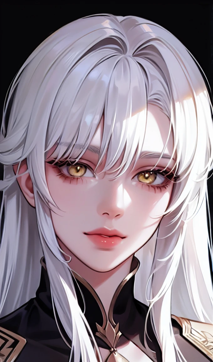 1girl, portrait, solo,lips, female focus, yellow eyes, looking at viewer, white hair, long hair, closed mouth, smile