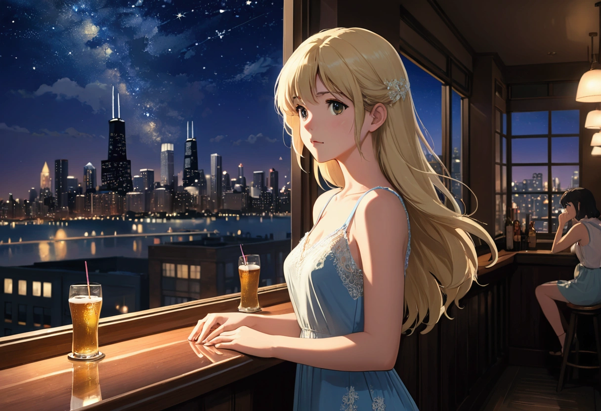 Uses Makoto Shinkai&#39;The depiction is perfect,Portrait of Shishido Kafka,8k 4k masterpiece photo ,new york,A pub on the top floor of a high rise building,I can see the twinkling stars through the glass window.,that&#39;Outside in the dark night,Jazz is playing,profile,Beautiful profile,Long Hair,Blonde,Not looking at me,Look in a different direction,Standing alone at the counter,She is wearing a silver sleeveless dress,Large bust,Accurate hand length,Five fingers,Fingers are gentle.