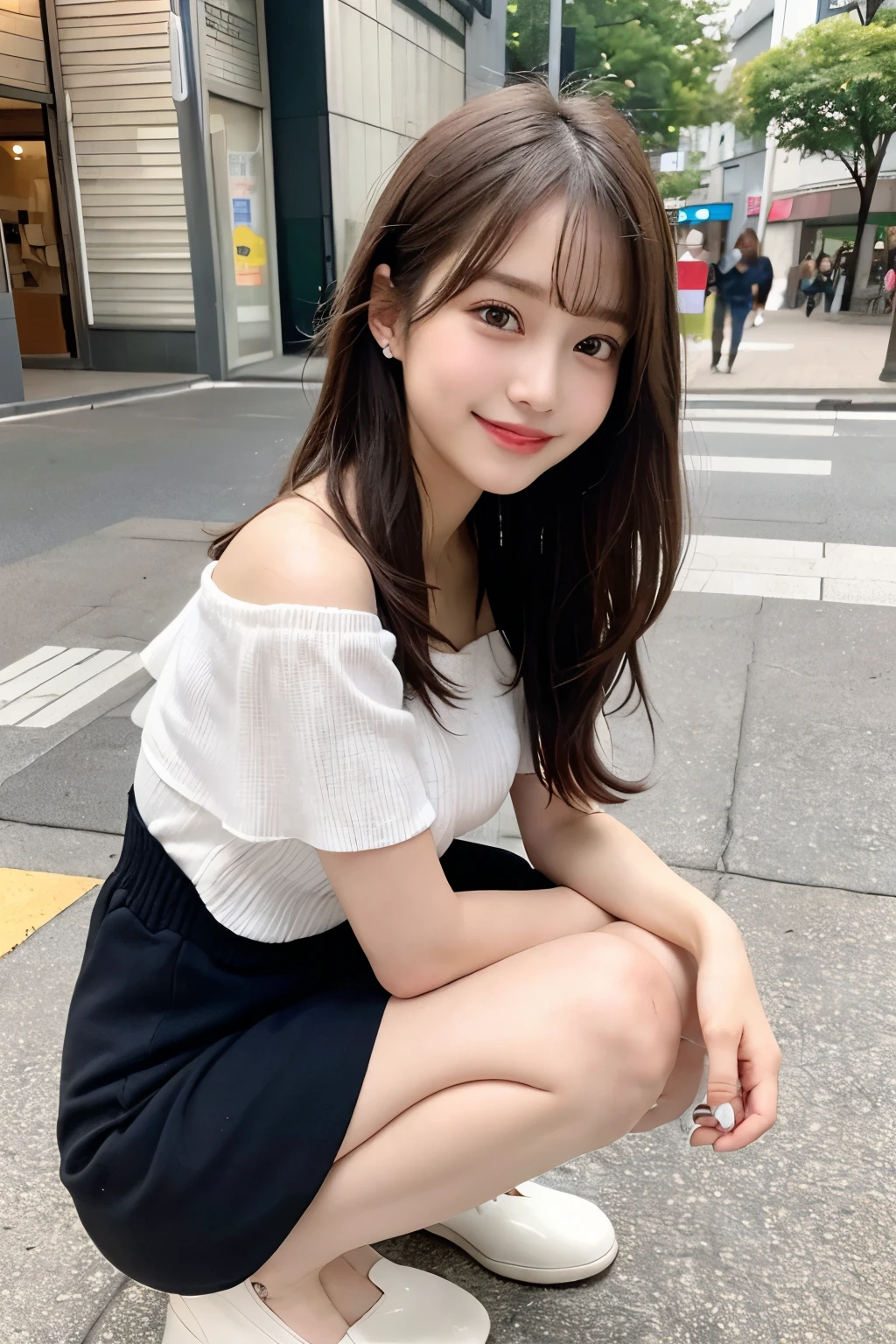 high resolution, Top quality, Perfect dynamic composition, Beautiful and delicate eyes, Off-shoulder、Light human hair、Medium Length Hair, Natural lipstick, College age、Harajuku、Smile、Crouching Figure、M-shaped legs