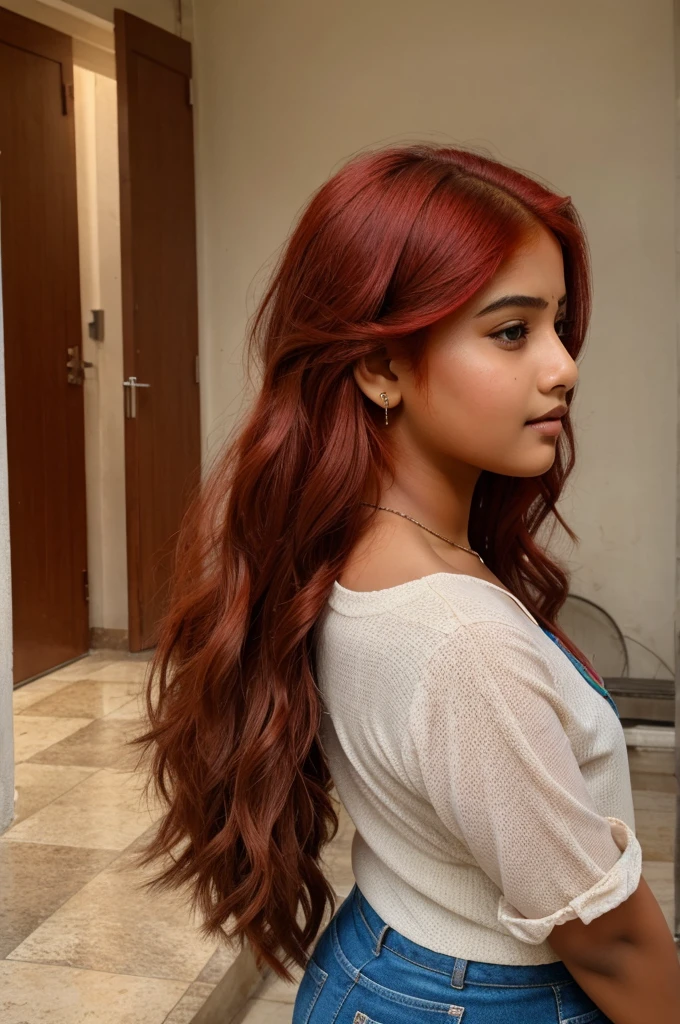 Selfie of young chubby Indian girl with red hair and fair complexion model pose side profile