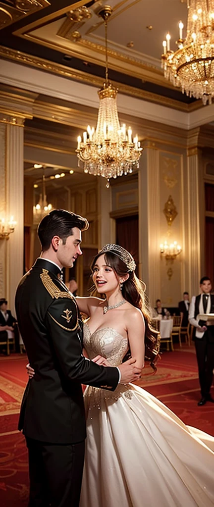 Prompt Title: The Fateful Story of Titanic. Scene 3: The Party Setting: The grand ballroom inside the Titanic, filled with opulence and luxury. Characters: Well-dressed passengers in elegant evening gowns and tuxedos, dancing to live music played by a band in the corner. Jack and Rose are at the center, caught in a joyful dance, their faces beaming with happiness. Background: The ballroom is adorned with glittering chandeliers, ornate decorations, and large mirrors reflecting the festive atmosphere. Tables are set with fine china and crystal glasses.