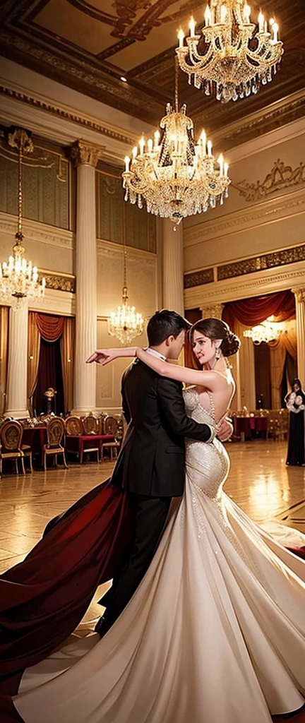 Prompt Title: The Fateful Story of Titanic. Scene 3: The Party Setting: The grand ballroom inside the Titanic, filled with opulence and luxury. Characters: Well-dressed passengers in elegant evening gowns and tuxedos, dancing to live music played by a band in the corner. Jack and Rose are at the center, caught in a joyful dance, their faces beaming with happiness. Background: The ballroom is adorned with glittering chandeliers, ornate decorations, and large mirrors reflecting the festive atmosphere. Tables are set with fine china and crystal glasses.
