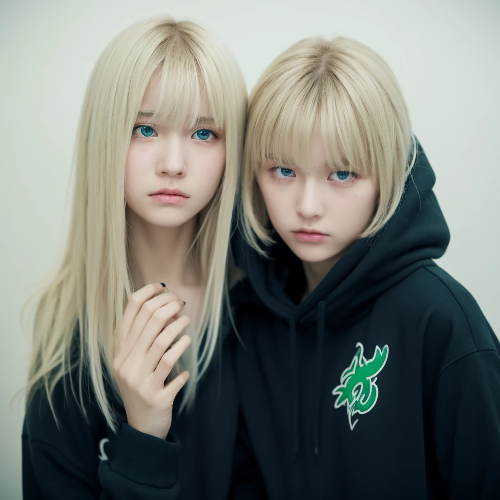 Tall blonde age girl with bangs with blue-green eyes taking photo crying realistic tears near the camera with a sad face and a little messy hair in a black hoodie in her room