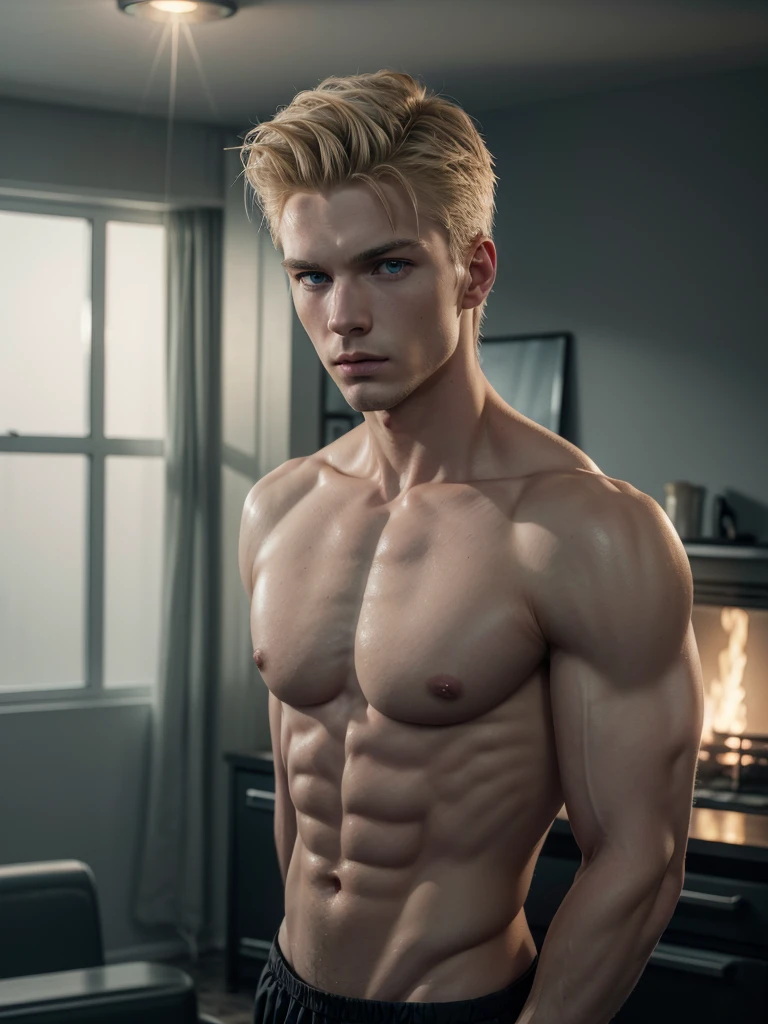 a handsome attractive slender German man, short wavy spiky blond hair, beautiful detailed light blue eyes, muscular torso, wearing firefighter uniform, burning room, detailed background, cinematic lighting, dramatic atmosphere, realistic, photorealistic, photo-realistic:1.37, best quality,4k,8k,highres,masterpiece:1.2,ultra-detailed