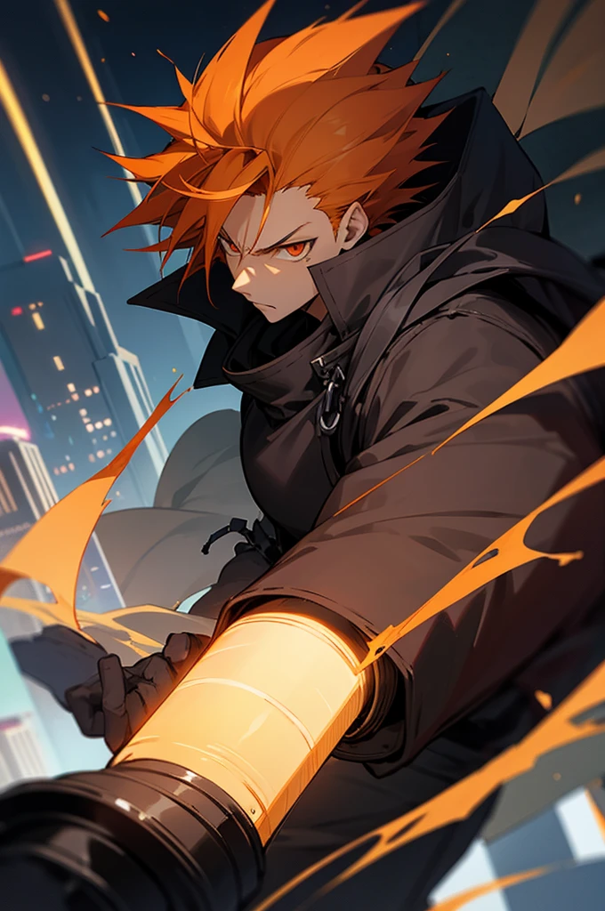 anime, light skin, eyes serious orange, serious, on city, male adult, spiky hair dark quite brown, cold, antihero, antagonist