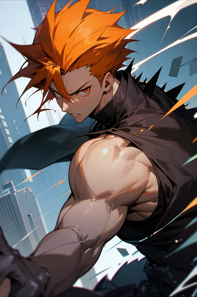 anime, light skin, eyes serious orange, serious, on city, male adult, spiky hair dark quite brown, cold, antihero, antagonist