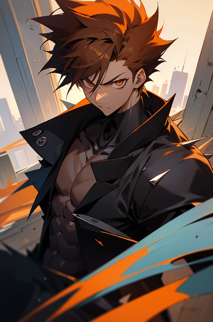 anime, light skin, eyes serious orange, serious, on city, male adult, spiky hair dark quite brown, cold, antihero, antagonist