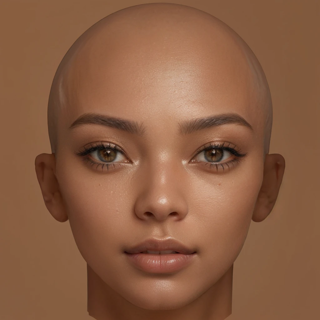 a close up of a woman with a bald head, with very highly detailed face, highly detailed realistic face, detailed realistic face, natural face, skin with glam light, realistic beautiful face, beautiful realistic face, brown skin