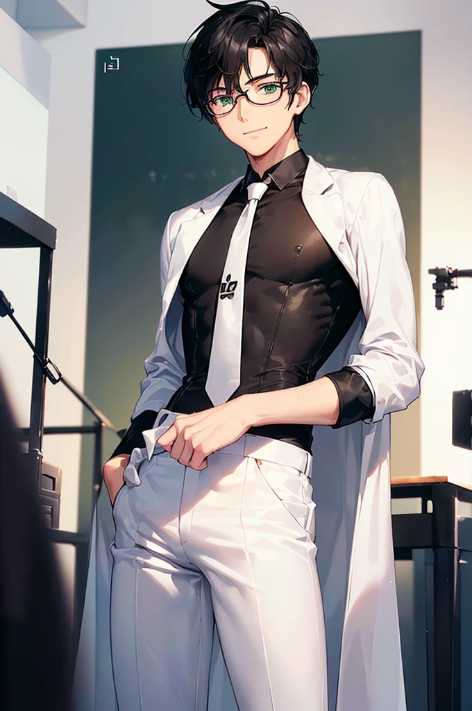 (masterpiece; best quality: 1.2), (finely detailed eyes: 1.3), ((25 year old man)), ((solo)), (green eyes: 1.4), (body; lean, toned, masculine: 1.3), (very short black hair: 1.3), (beautiful and clear background: 1.2), ((depth of field)), (equipment: white open labcoat + black shirt + white necktie + white pants + black square glasses: 1.3), (anime illustration: 1.2), (background composition; japanese highschool classroom + furniture: 1.1), (extremely fine and handsome: 1.1), (shot composition; standing + centered on torso + close-up: 1.5), (expression; calm, smile: 1.2)