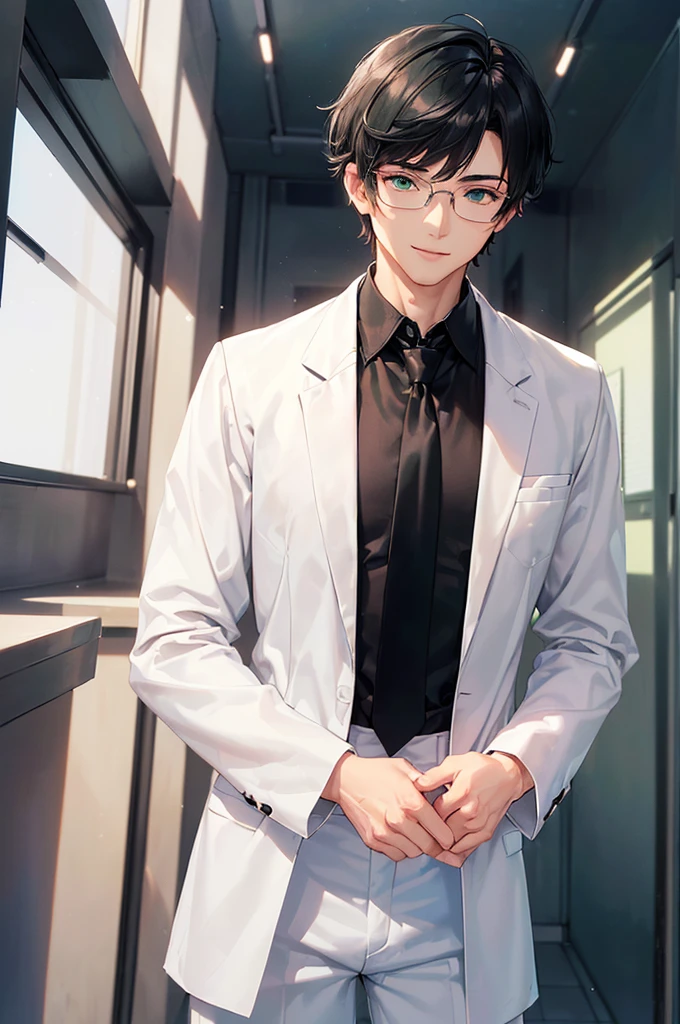 (masterpiece; best quality: 1.2), (finely detailed eyes: 1.3), ((25 year old man)), ((solo)), (green eyes: 1.4), (body; lean, toned, masculine: 1.3), (very short black hair: 1.3), (beautiful and clear background: 1.2), ((depth of field)), (equipment: white open labcoat + black shirt + white necktie + white pants + black square glasses: 1.3), (anime illustration: 1.2), (background composition; japanese highschool classroom + furniture: 1.1), (extremely fine and handsome: 1.1), (shot composition; standing + centered on torso + close-up: 1.5), (expression; calm, smile: 1.2)