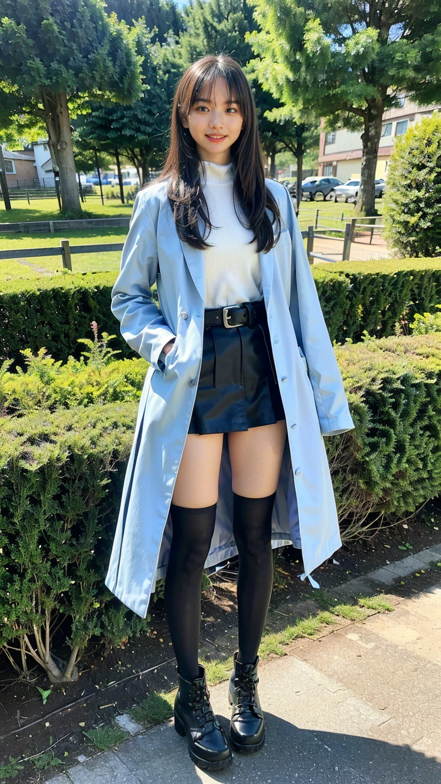 (8K、RAW Photos、Highest quality、masterpiece:1.2)、(Realistic、Realistic)、1 Girl、((Check mini skirt、light blue long coat、black、Thin legs、whole body、boots、one piece、tights、garden、View from the front、smile、Looking into the camera、belt、Stand with hands on hips))、cute