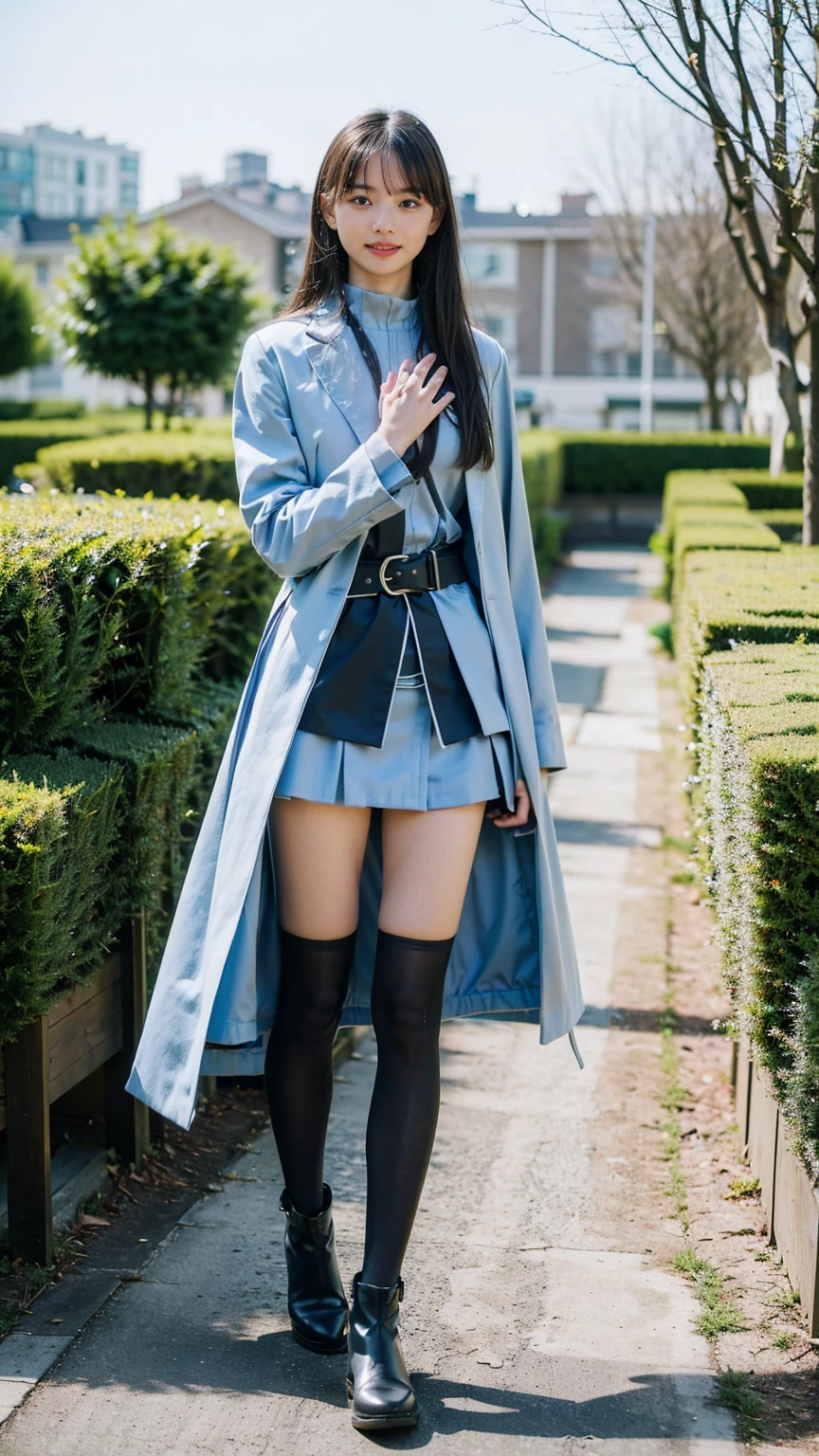 (8K、RAW Photos、Highest quality、masterpiece:1.2)、(Realistic、Realistic)、1 Girl、((Check mini skirt、light blue long coat、black、Thin legs、whole body、boots、one piece、tights、garden、View from the front、smile、Looking into the camera、belt、Stand with hands on hips))、cute