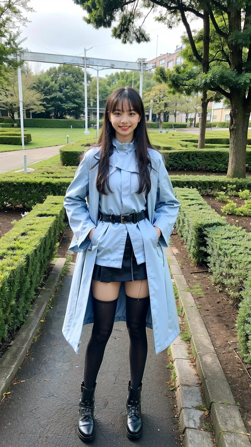 (8K、RAW Photos、Highest quality、masterpiece:1.2)、(Realistic、Realistic)、1 Girl、((Check mini skirt、light blue long coat、black、Thin legs、whole body、boots、one piece、tights、garden、View from the front、smile、Looking into the camera、belt、Stand with hands on hips))、cute
