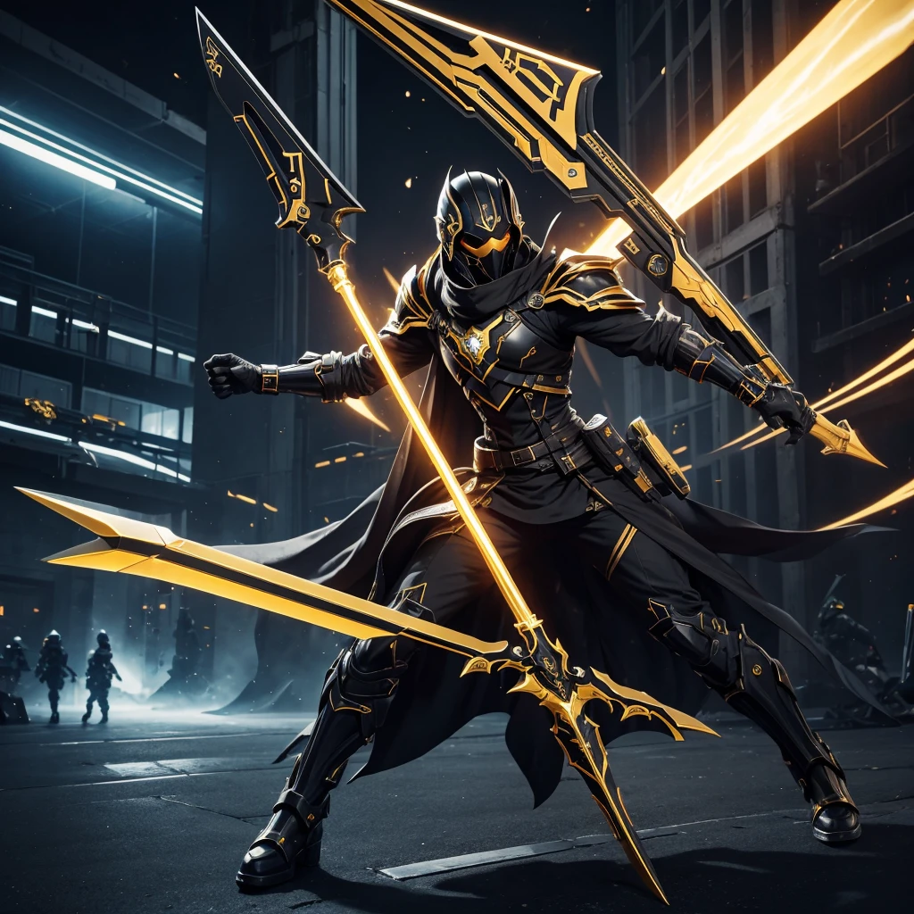Make a futuristic combat scythe, with a black handle and golden energy. it must be a futuristic construction bench
