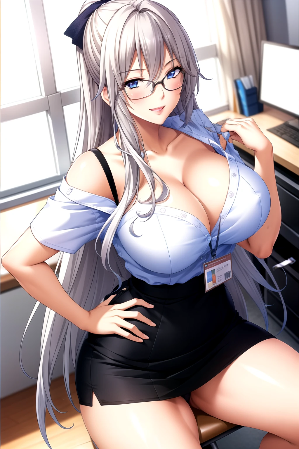 露little bra, 露little underwear,Perfect hands, Clear your fingers, Perfect fingers,full hand 苗条的身材,wear glasses, office lady,office worker,Pencil Skirt,office worker装, (ID card) Lanyard,露little bra, 露little underwear, show cleavage, Office Background, 1 girl,20 years old, Young women,Fair Finger,Fair long legs,Fair Body,Fair Nose,Fair character design, Perfect eyes, perfect Face,Expressive eyes, Looking at the audience,(lead_Body),(Focus on her Face), Official Art,Extremely detailed CG unity 8k wallpaper, Perfect Lighting,rich and colorful, bright_front_Face_Light,Light skin, (masterpiece:1.0),(最OK_quality:1.0), Ultra-high resolution,4K,Very detailed, photography, 8K, Human Development Report, high resolution, absurd:1.2, Kodak Portrait 400, Film Grain, Blurred background, Bokeh:1.2, Lens Light Halo, (Energetic_color:1.2) (Fair,Target_Chest:1.3), (Fair_Face:1.5),(narrow_waist),Happy，Smile, Off-shoulder,clavicle,Perfect hands, Clear your fingers, Perfect fingers,full hand,wear glasses, office lady,office worker,Office Background,Pencil Skirt,office worker装, (ID card) Lanyard,露little bra, 露little underwear, show cleavage