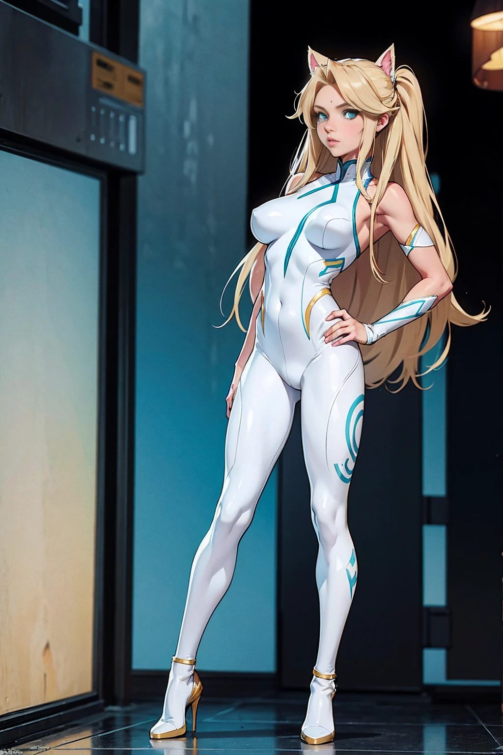 (((photo by full body))) 歳, Kizi, hair long blonde, Flowing blonde hair, Cat's ears, greeneyes, in a white full-body superhero costume with leggings, work of art, high qualiy,