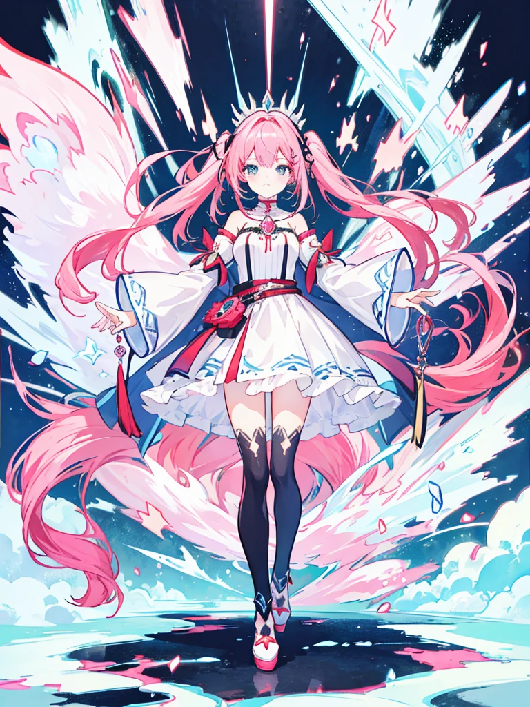 fantasy world girl with colorful hair, accessories, detailed clothes, black tights, white and red clothes, pink hair, blue eyes