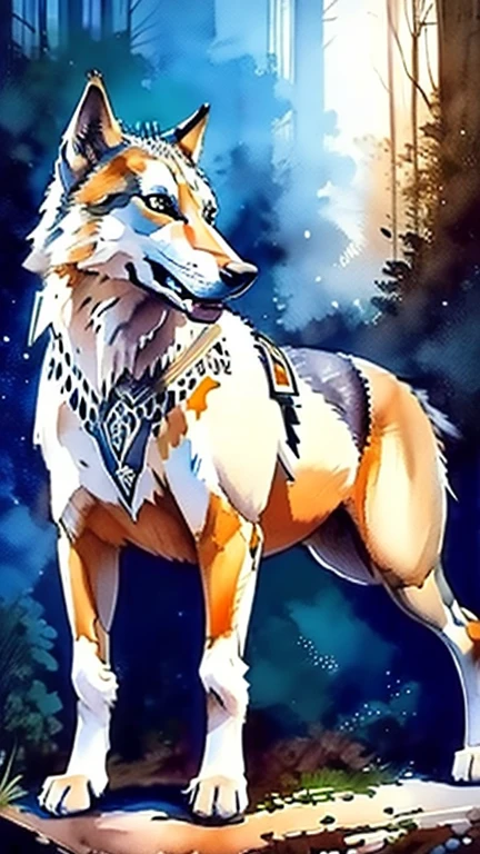 A realistic digital painting depicting a majestic white wolf named Button with intricate orange Celtic markings on his fur, standing surrounded by a mystical forest. A drawing by Alex Gray and Julia Bell, very detailed and realistic, shot from a great distance to convey the beauty of the wolf and its surroundings. Studio lighting for realistic shadows and highlights.