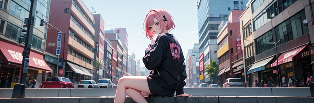 arafed girl with pink hair sitting on steps in front of a building, Anime style mixed with Fujifilm, with pink hair, She looked like she had some dirt mixed up., Cute girl with short pink hair, 35mm color lomography, Punk girl, scene girl, of Taiwanese girls with tattoos, Harajuku Hair, with pop punk style, Color 3 5 mm, look at viewer