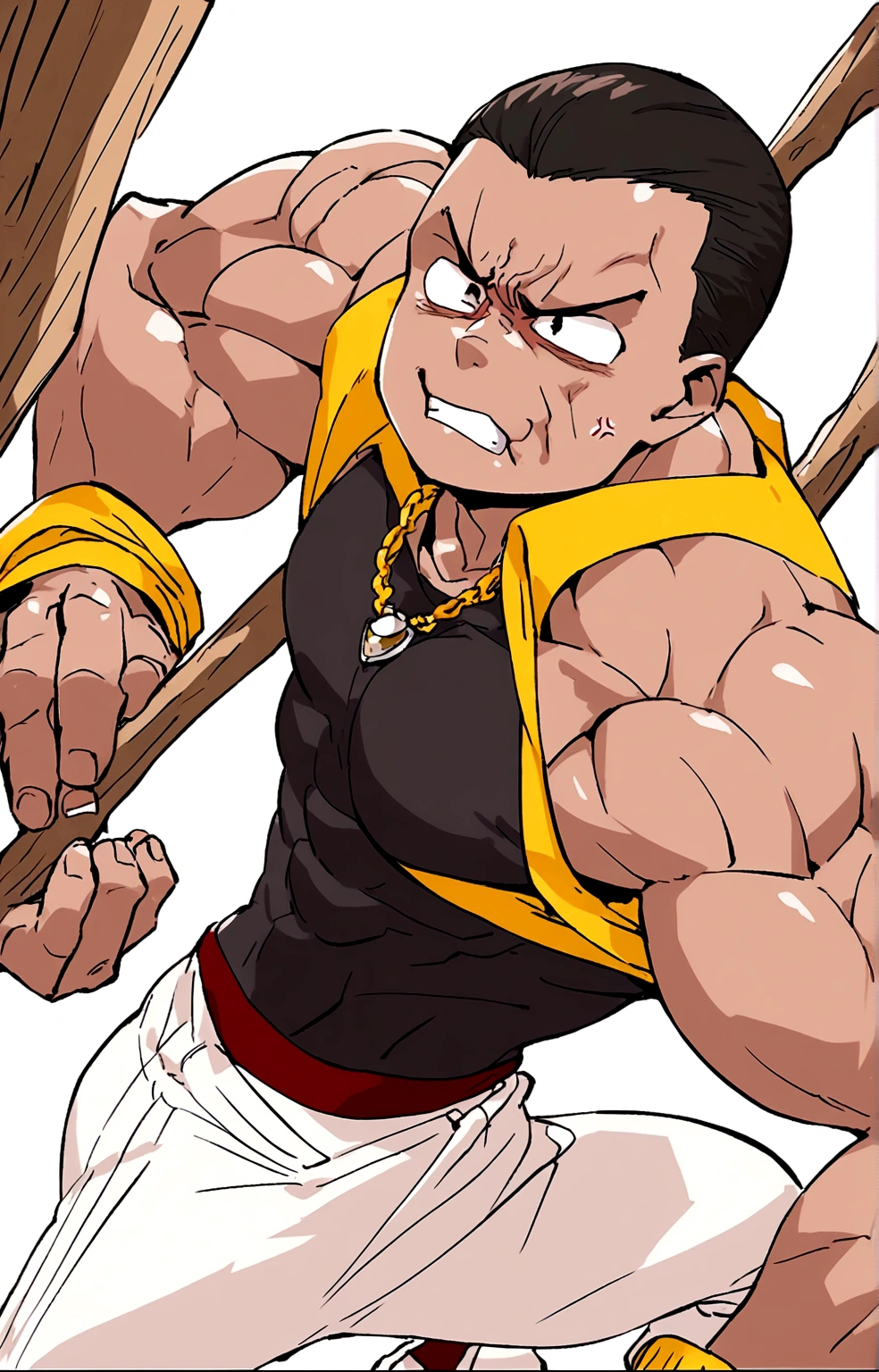(((use image))), charachter (muscular), (with an angry face), no smile, (holding a wooden stick), (black jersey), less tight clothing, 