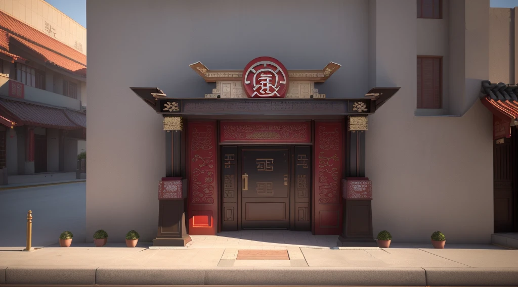 there is a sign that says the entrance to a chinese restaurant, 3d highly detailed, 3 d highly detailed, phong shaded, sign, large gate, signboards, 3d model, 3 d model, border, monument, with 3 d render, with 3d render, conceptual, depicted as a 3 d render, medium poly, 2 d cg