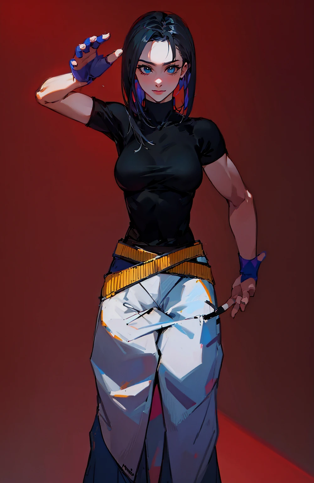 girl, short black hair, kung fu style pants, black t-shirt, muscular body