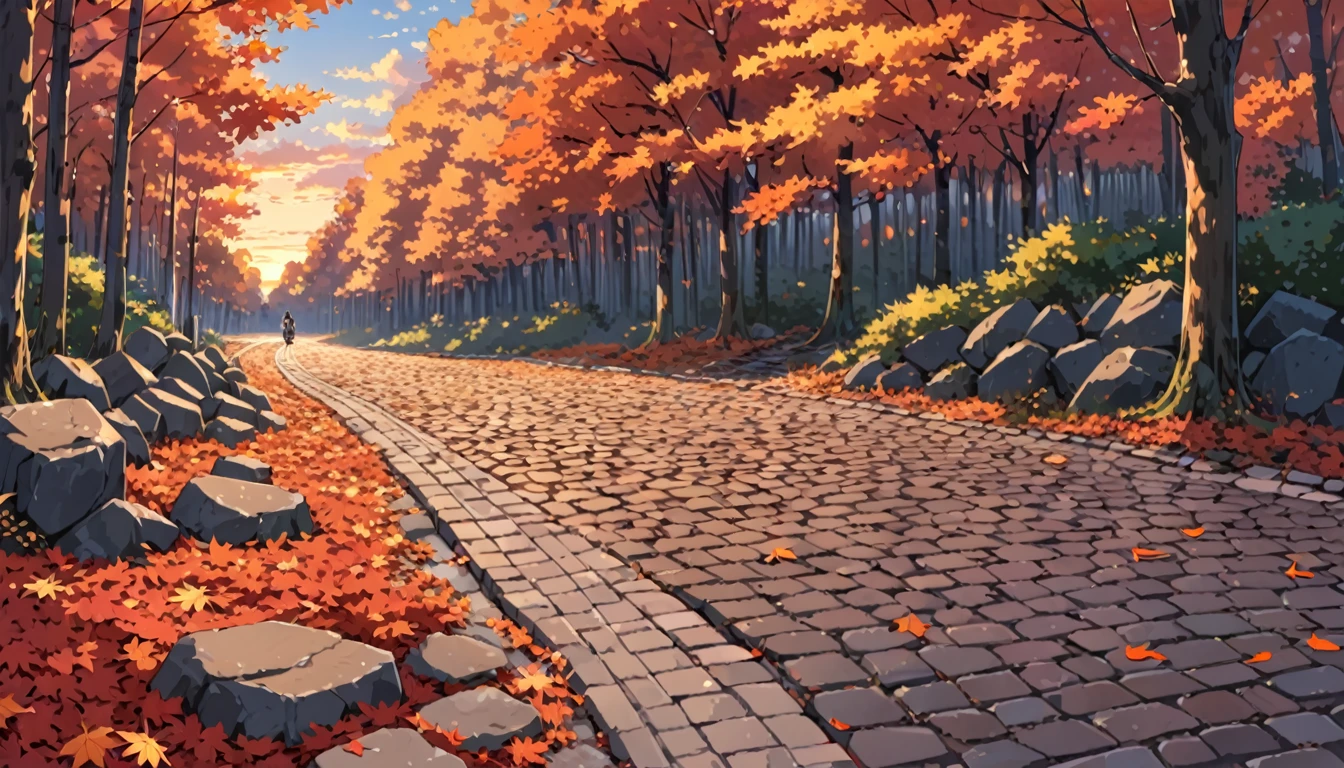 ((Anime: 1.4, Illustration)), (Masterpiece, Top Quality, Best Quality), (Ultra-Detailed, Absolutely Resolution), ((16k, HIGH RES)) (Autumn leaves, forest, dusk, cobblestones), ( Anime: 1.4, Illustration)), (Masterpiece, Top Quality, Best Quality), (Ultra-Detailed, Absolutely Resolution). Ak {Lofi Art, Style of Laurie Greasley, Style of Makoto Shinkai, Anime Aesthetic}, BREAK {(Produces IMAGES WITH ITH INFORMATION THAN 40 Million Pixels with Cinematic-Like Detailed Textures S Hot on a Sony slur).}