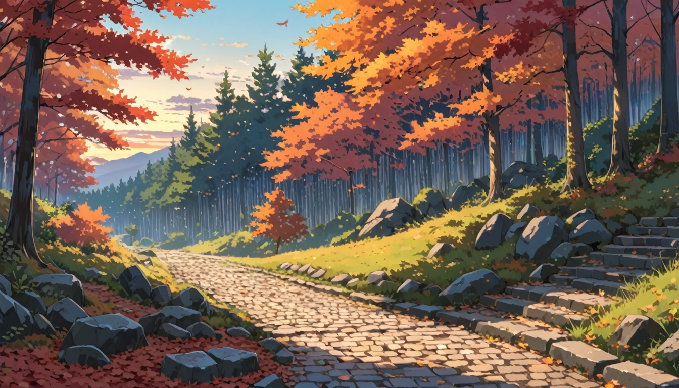 ((Anime: 1.4, Illustration)), (Masterpiece, Top Quality, Best Quality), (Ultra-Detailed, Absolutely Resolution), ((16k, HIGH RES)) (Autumn leaves, forest, dusk, cobblestones), ( Anime: 1.4, Illustration)), (Masterpiece, Top Quality, Best Quality), (Ultra-Detailed, Absolutely Resolution). Ak {Lofi Art, Style of Laurie Greasley, Style of Makoto Shinkai, Anime Aesthetic}, BREAK {(Produces IMAGES WITH ITH INFORMATION THAN 40 Million Pixels with Cinematic-Like Detailed Textures S Hot on a Sony slur).}