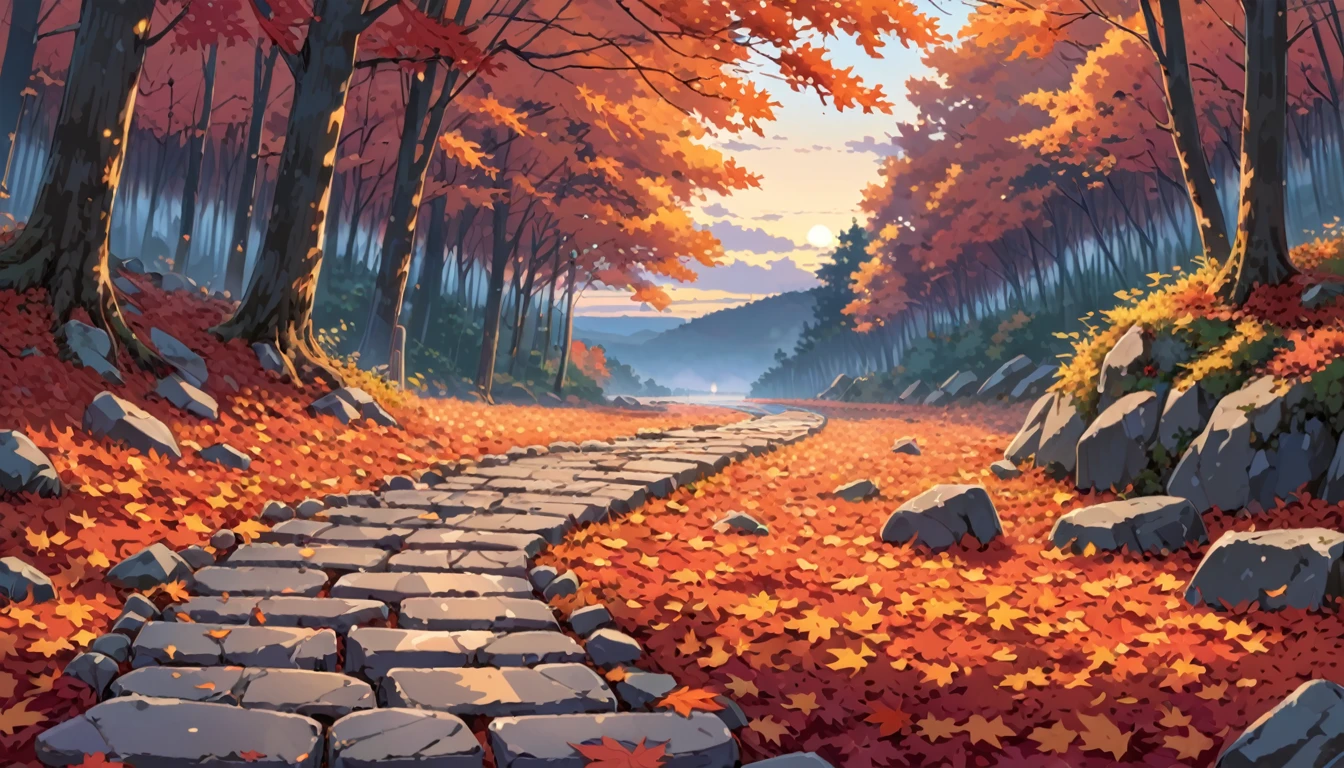 ((Anime: 1.4, Illustration)), (Masterpiece, Top Quality, Best Quality), (Ultra-Detailed, Absolutely Resolution), ((16k, HIGH RES)) (Autumn leaves, forest, dusk, cobblestones), ( Anime: 1.4, Illustration)), (Masterpiece, Top Quality, Best Quality), (Ultra-Detailed, Absolutely Resolution). Ak {Lofi Art, Style of Laurie Greasley, Style of Makoto Shinkai, Anime Aesthetic}, BREAK {(Produces IMAGES WITH ITH INFORMATION THAN 40 Million Pixels with Cinematic-Like Detailed Textures S Hot on a Sony slur).}