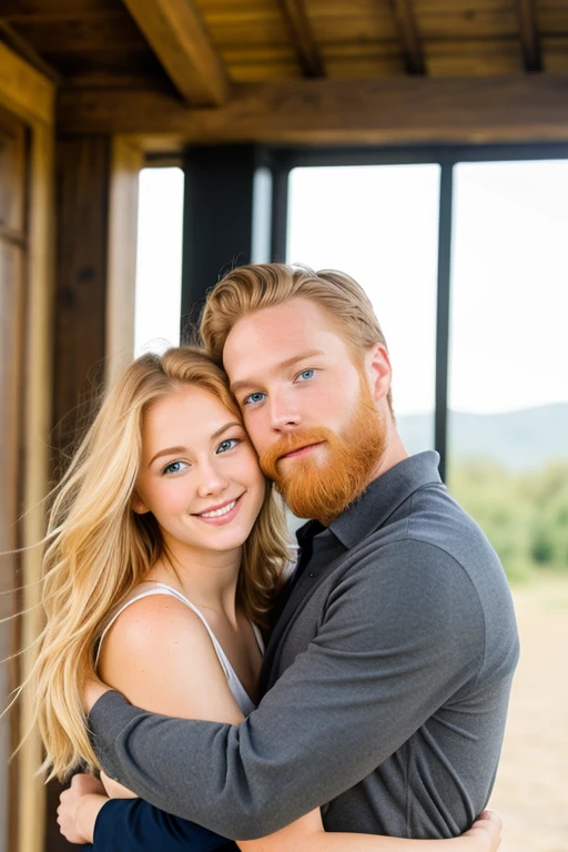 Blonde chestnut woman , 23 years old , gray blue eyes, height 1:65 man hugging her from behind, White skin man, red beard green eyes , strong tall and handsome 