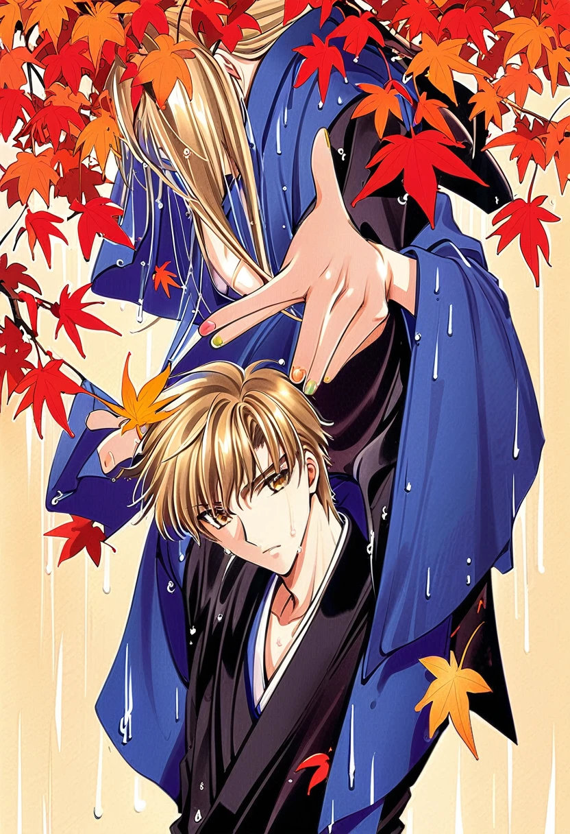 x,Solitary, Male focus, 1 boy,Kyuki Kakyo, Long hair, Blonde hair, Japanese clothes, leaf, kimono, Yellow eyes, wet, Open your mouth, Upper Body, wet hair, maple leaf, rain, beautiful girl, Bangs, look down, nail, 