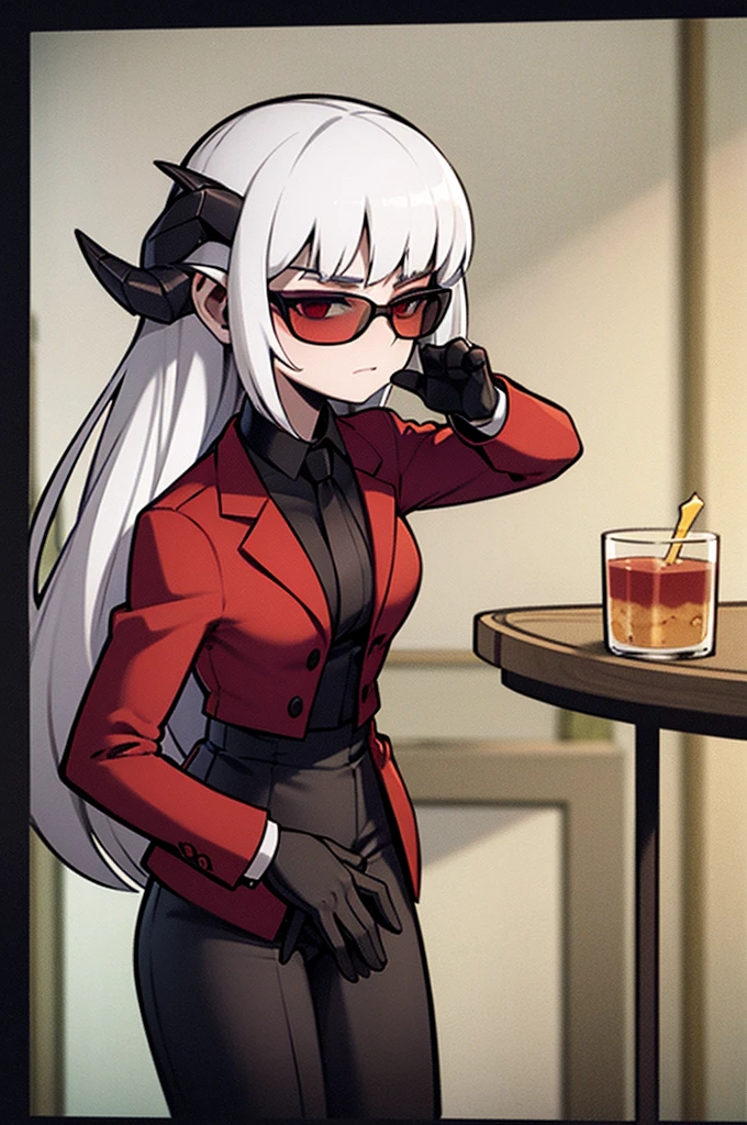 demon girl, blind, white haired, with sunglasses, in a red and black suit