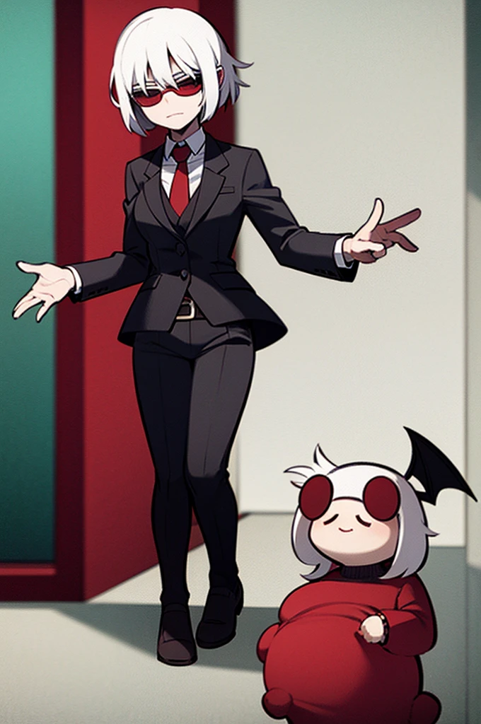 demon girl, blind, white haired, with sunglasses, in a red and black suit