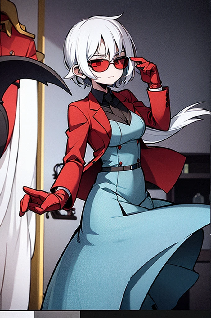 demon girl, blind, white haired, with sunglasses, in a red and black suit