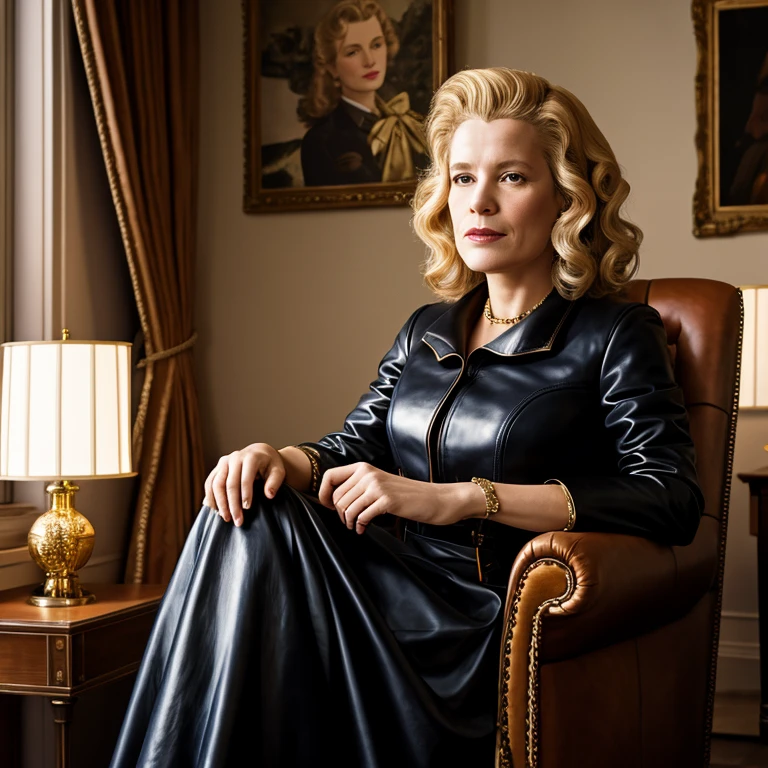 Portrait of a 48-year-old blonde French woman, 1940, Epochal dress, Genuine Leather, sitting takes a selfie like a smartphone, (living room with period furniture, moody soft light: 1.2)