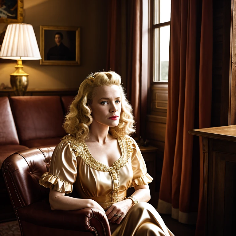 Portrait of a 48-year-old blonde French woman, 1940, Epochal dress, Genuine Leather, sitting takes a selfie like a smartphone, (living room with period furniture, moody soft light: 1.2)