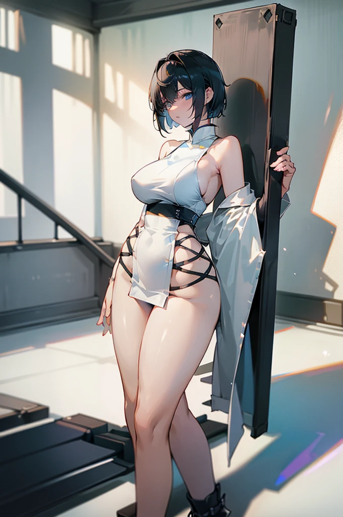 4K, high quality, Deep Shadows, Dappled Light, Black short hair, blue eyes, y, Large Brehick thighs, Wide hips, Buttock sag, Big buttocks, Pelvin, skirt, white skirt, Pure white robe, 长Pelvic Curtain