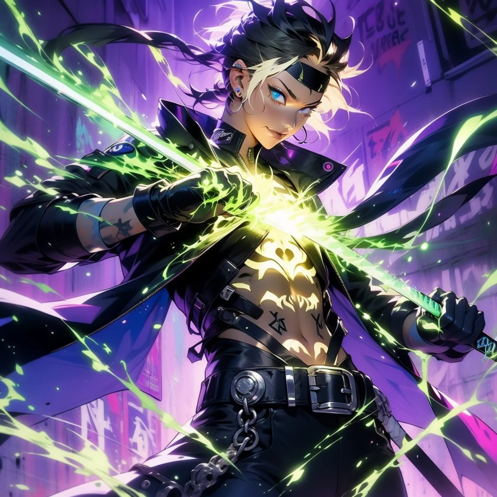 Ultra HD, anime realistic. Badass South Asian teen girl with short, windblown black hair and piercing electric blue eyes. Smirking confidently, she leans against a graffiti-covered wall in a neon-lit cyberpunk alleyway. Clad in a black tactical outfit with exposed arm guards, she grips a glowing katana at her side.