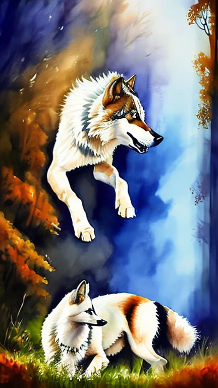 A realistic digital painting depicting a majestic white wolf named Button with intricate orange Celtic markings on his fur, standing surrounded by a mystical forest. A drawing by Alex Gray and Julia Bell, very detailed and realistic, shot from a great distance to convey the beauty of the wolf and its surroundings. Studio lighting for realistic shadows and highlights.