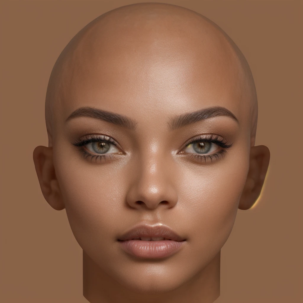 a close up of a woman with a bald head, with very highly detailed face, highly detailed realistic face, detailed realistic face, natural face, skin with glam light, realistic beautiful face, beautiful realistic face, brown skin