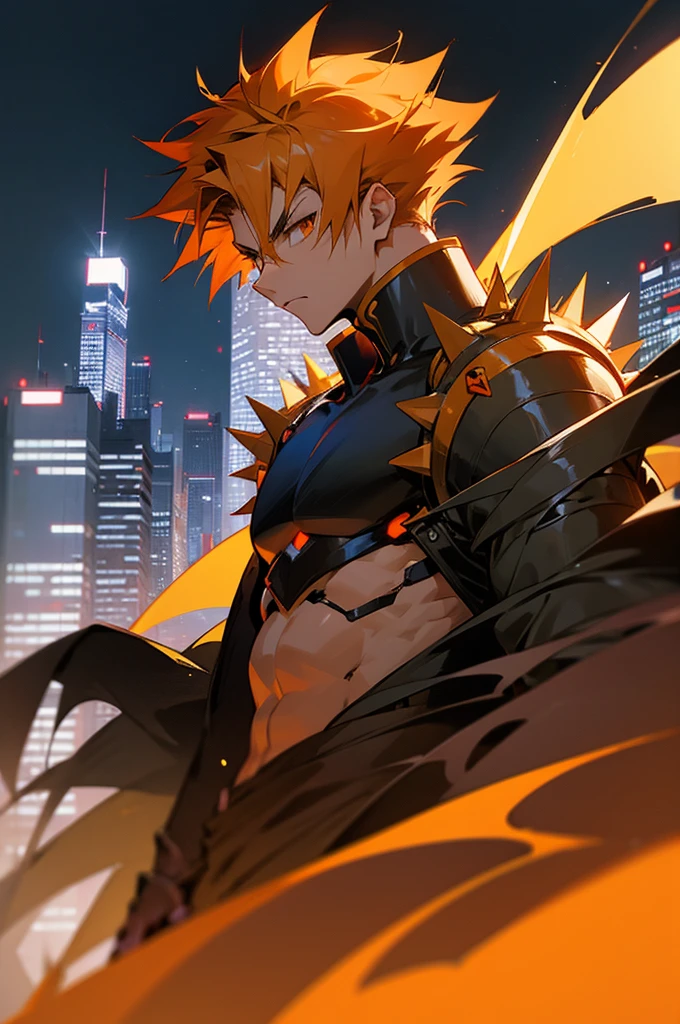 anime, light skin, eyes orange, serious, on city, male adult, spiky hair dark, antagonist, warrior