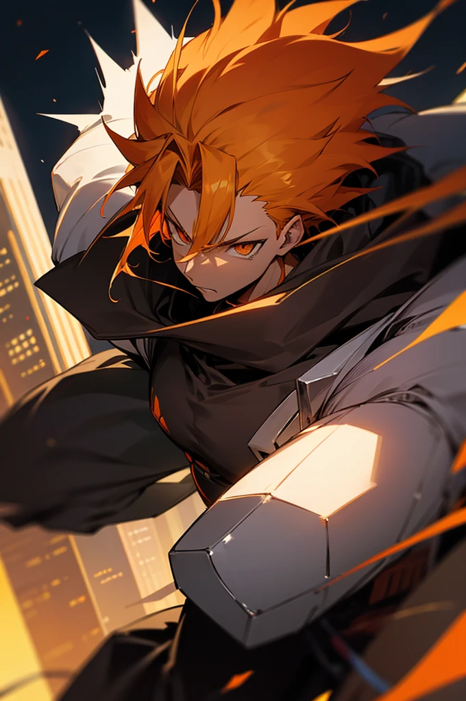 anime, light skin, eyes orange, serious, on city, male adult, spiky hair dark, antagonist, warrior